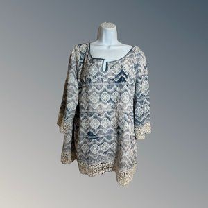 Doncaster Collection Embroidered Lace Tunic Top Soft Blue Tie Dye Boho Retro